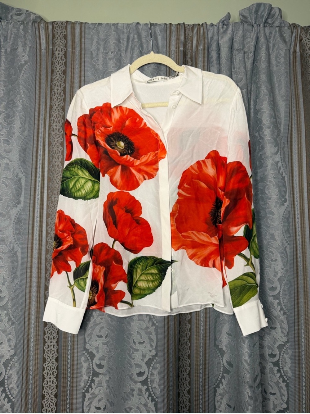 Alice and Olivia Willa Floral Silk Shirt Summer Poppy - Picture 6 of 10
